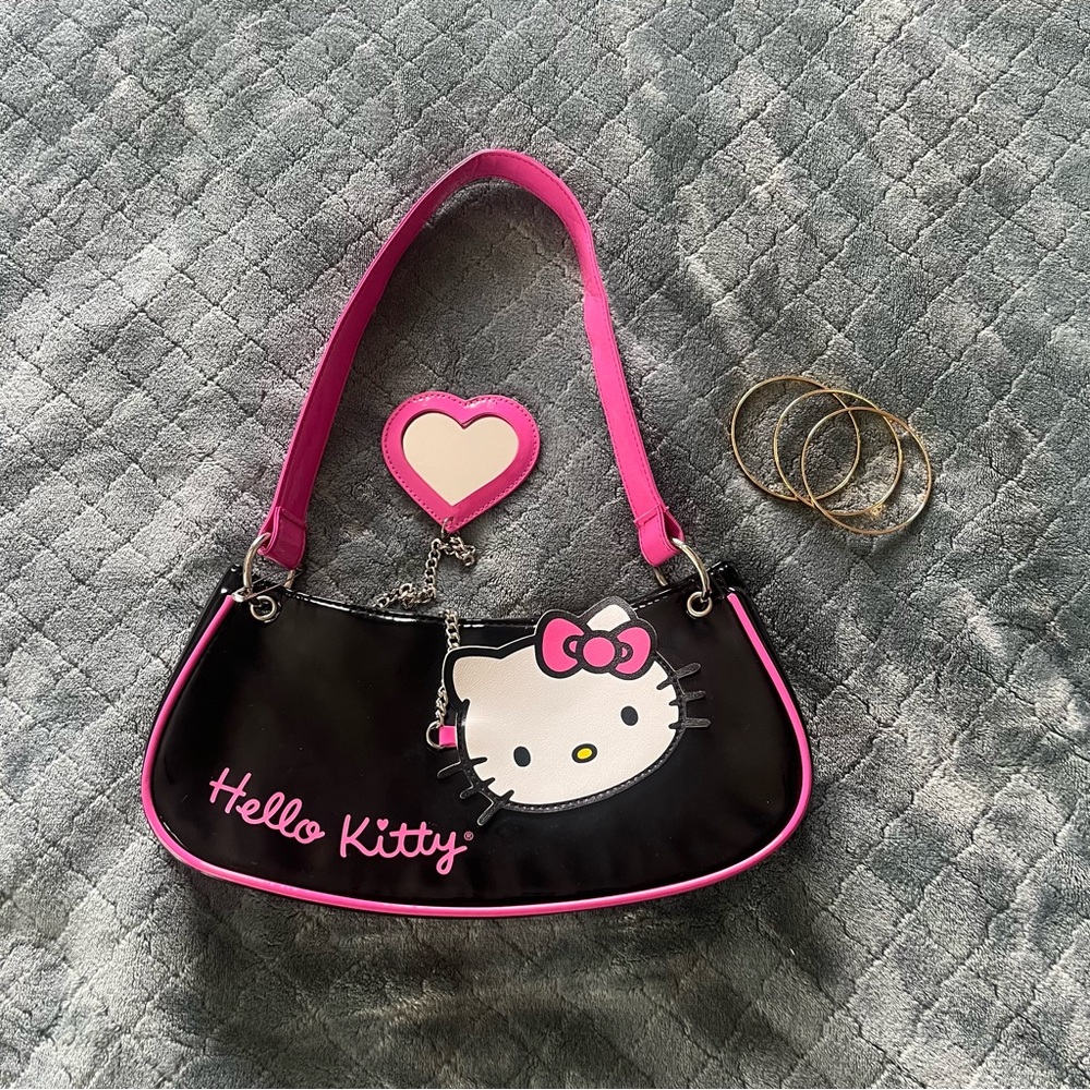 Hello Kitty Sanrio Black Pink Patent Leather Baguette Shoulder Bag with Mirror